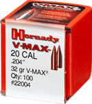 Hornady Bullets 20 Cal .204 (Options: 32GR V-MAX 100CT 40BX/CS)